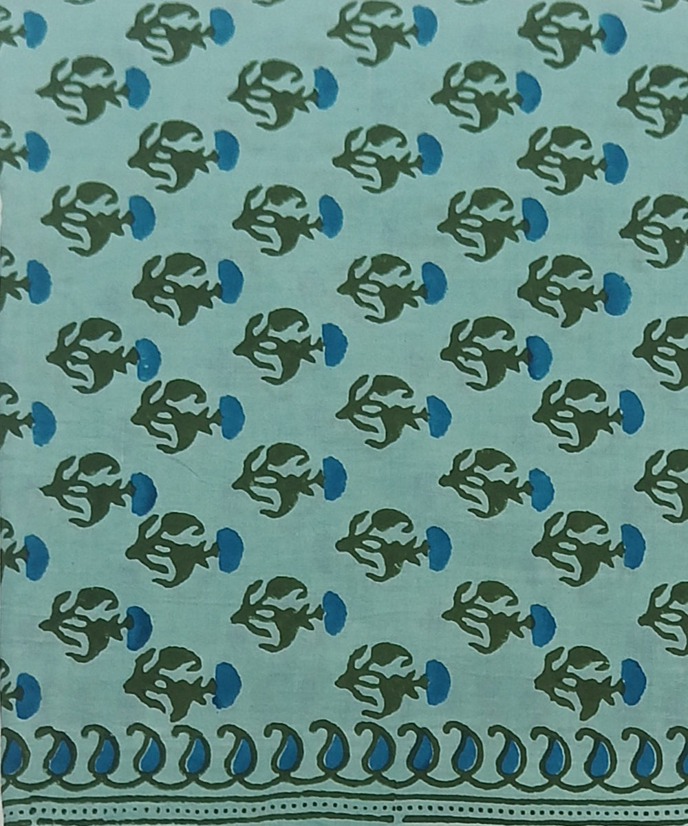 Teal green black hand printed cotton block print dress material