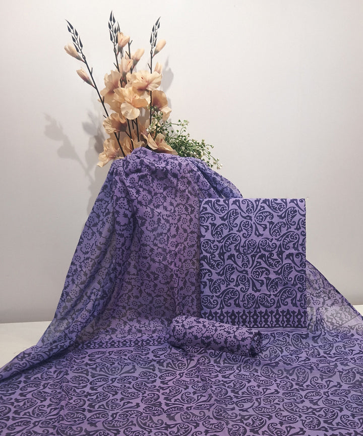 Purple black hand block printed cotton dress material