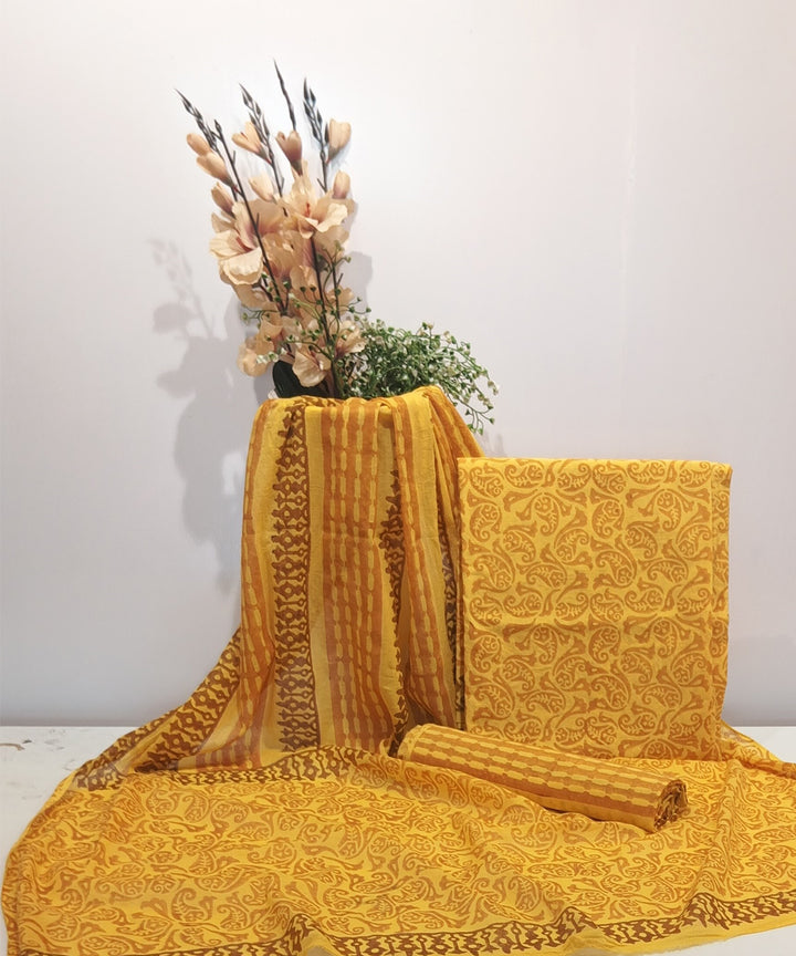 Yellow brown hand printed cotton block print dress material