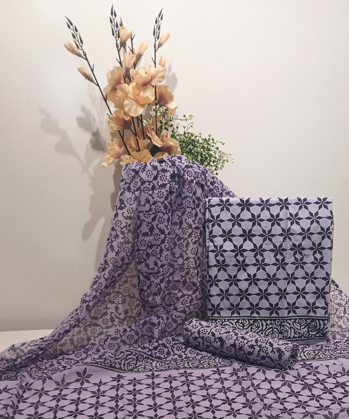 Purple black hand printed cotton block print dress material