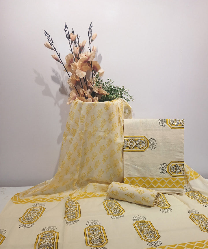 Cream yellow hand block printed cotton dress material