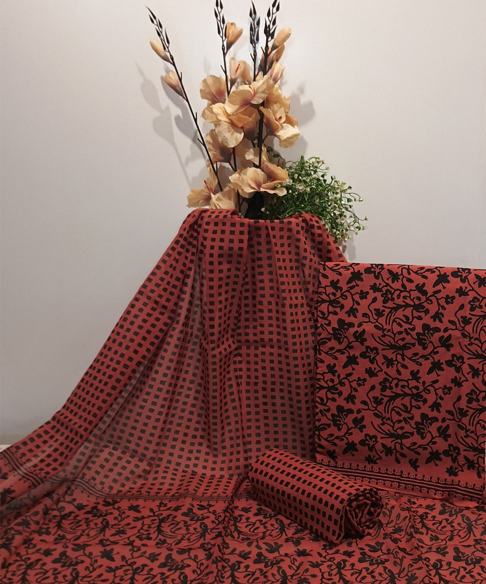 Red black hand printed cotton block print dress material