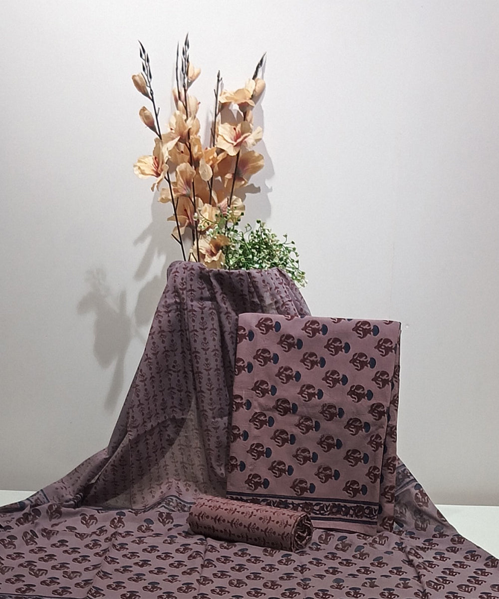 Brown maroon hand printed cotton block print dress material