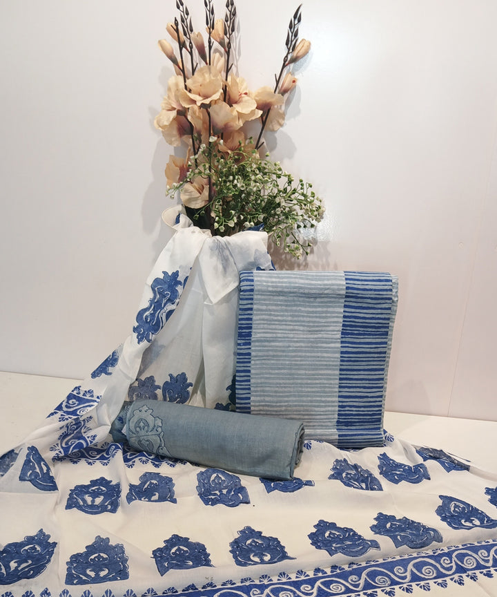 White sky blue hand block printed cotton print dress material