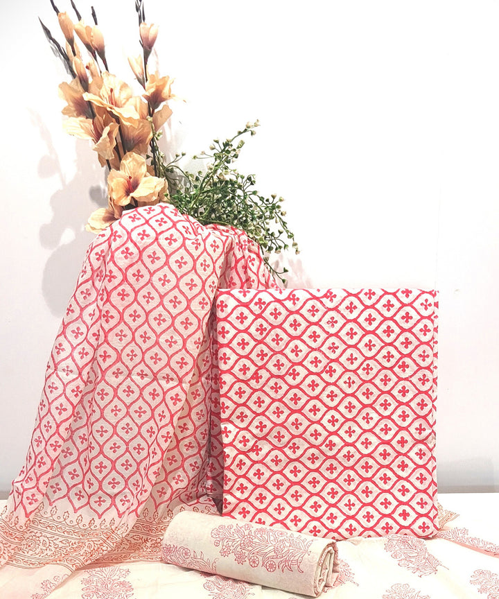 Red white hand block printed cotton dress material