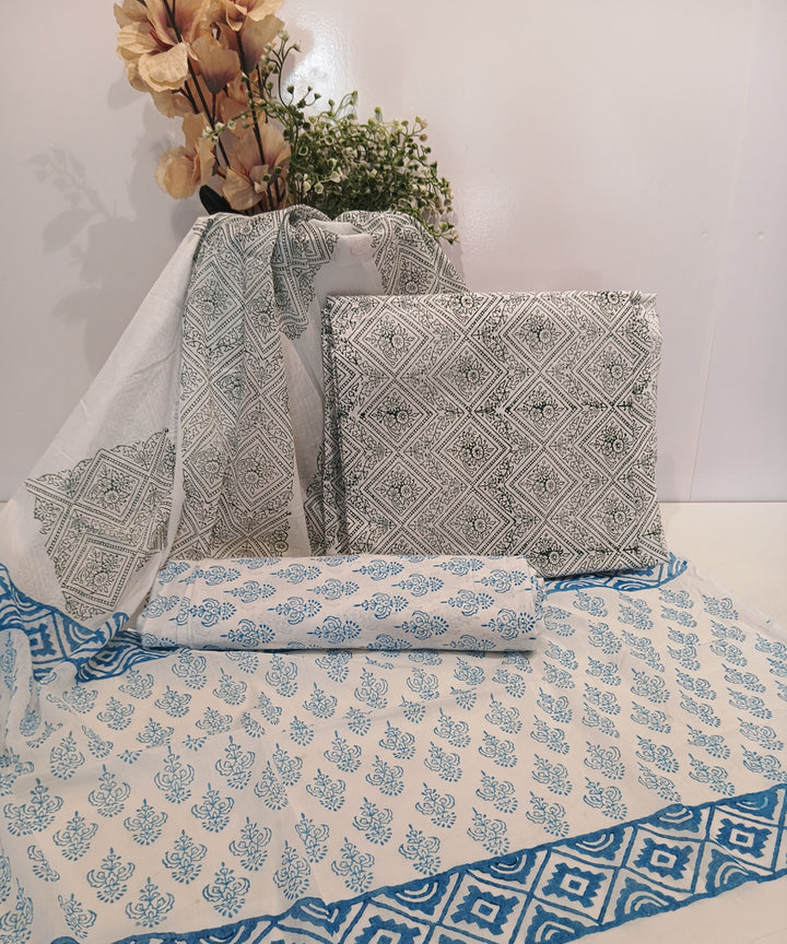 Sky blue white hand block printed cotton dress material