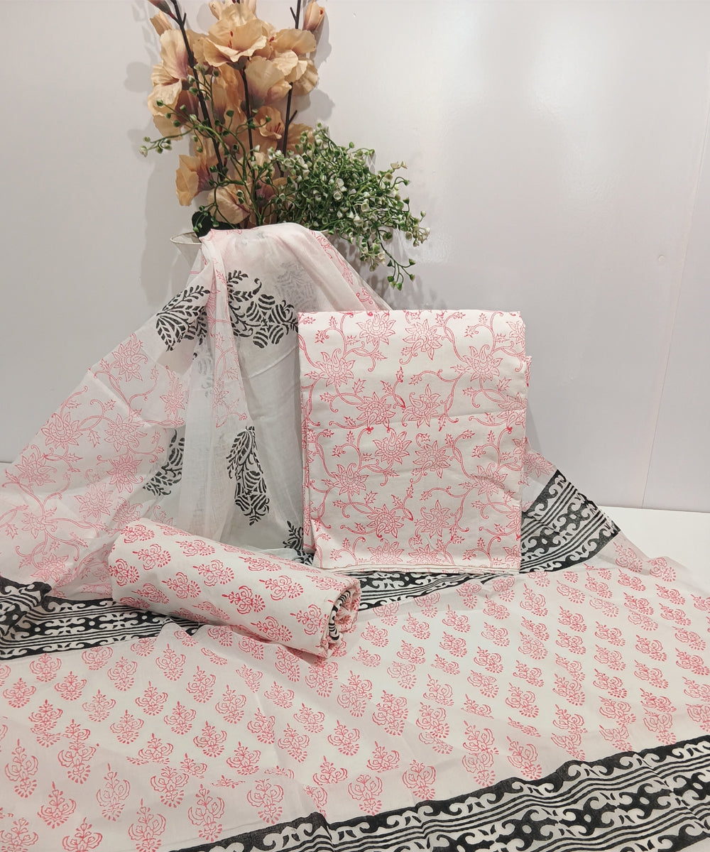 Pink white hand block printed cotton dress material