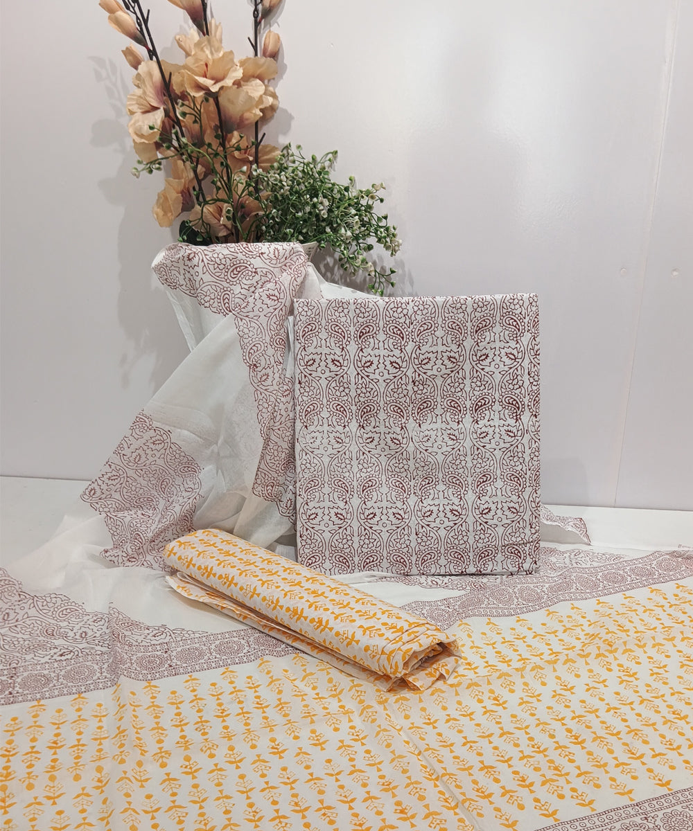 Yellow grey hand block printed cotton dress material