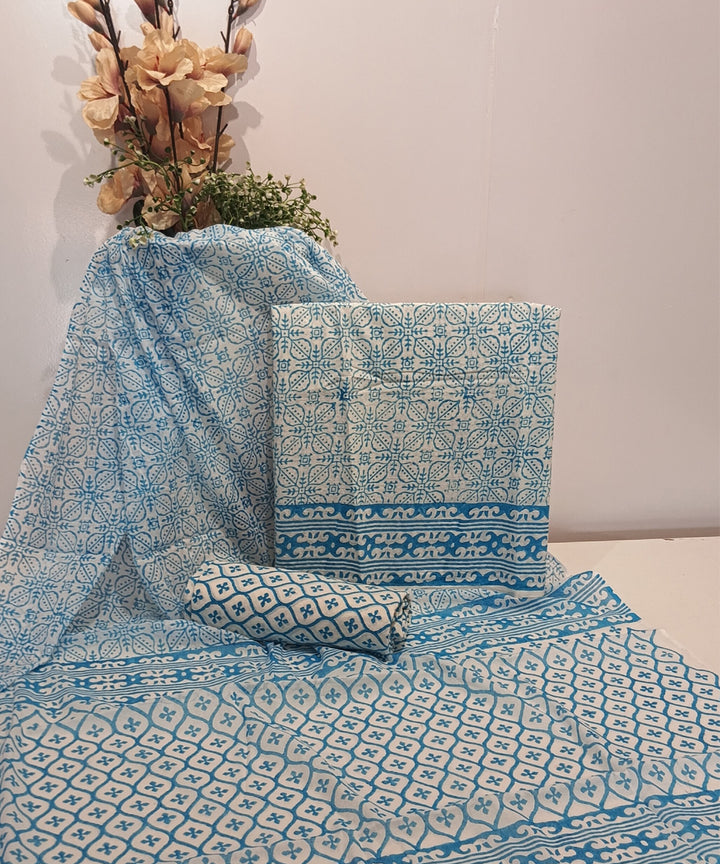 Sky blue offwhite hand block printed cotton dress material