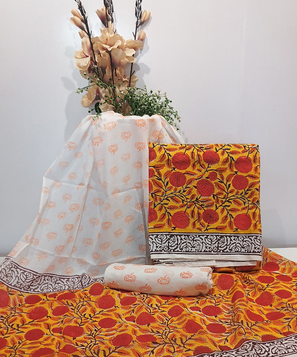 Red white yellow hand block printed cotton dress material
