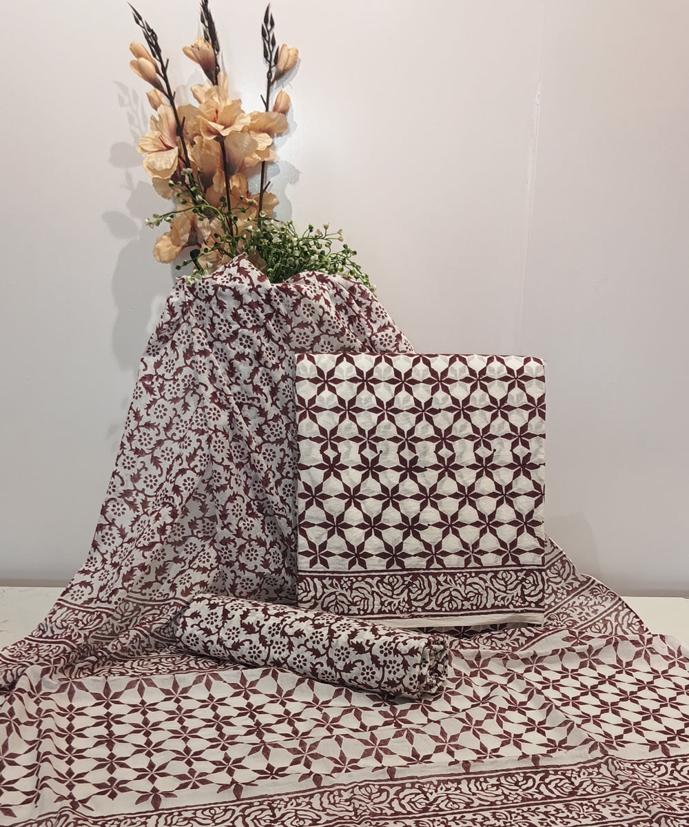 Brown white cotton hand block printed dress material