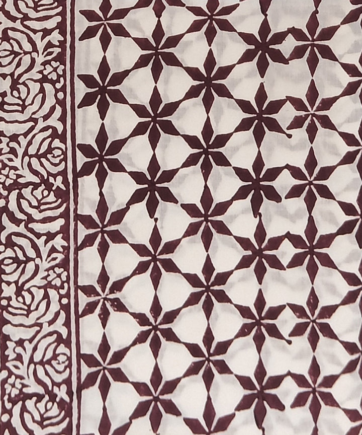 Brown white cotton hand block printed dress material