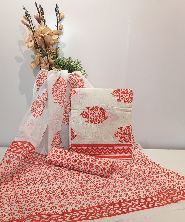 Pink white cotton hand block printed dress material