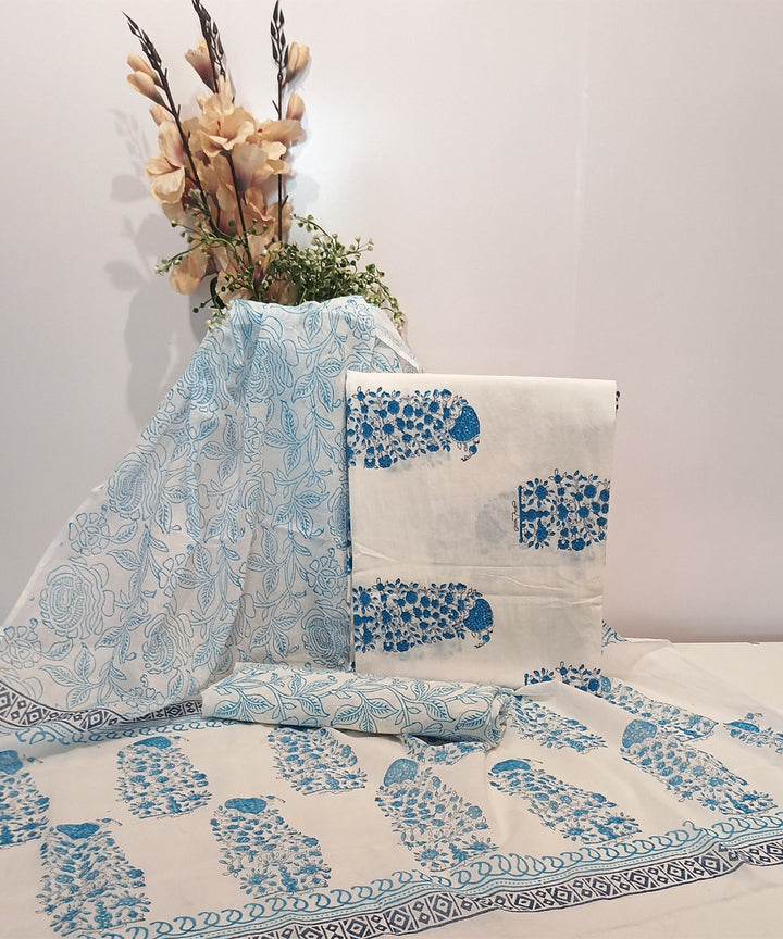 Sky blue white cotton hand block printed dress material
