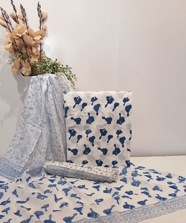 White navy blue hand block printed cotton dress material