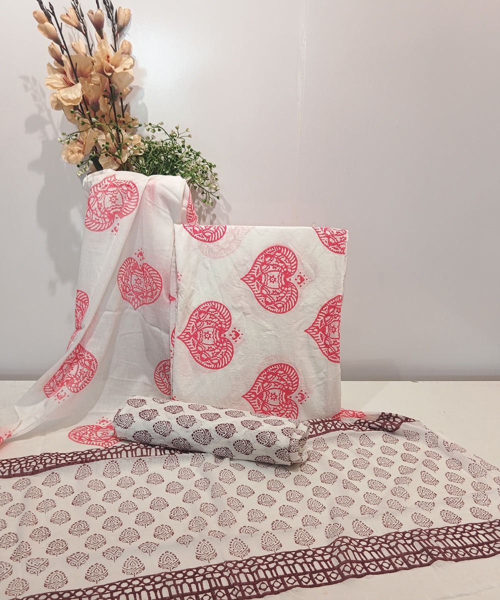 Pink maroon white hand block printed cotton dress material