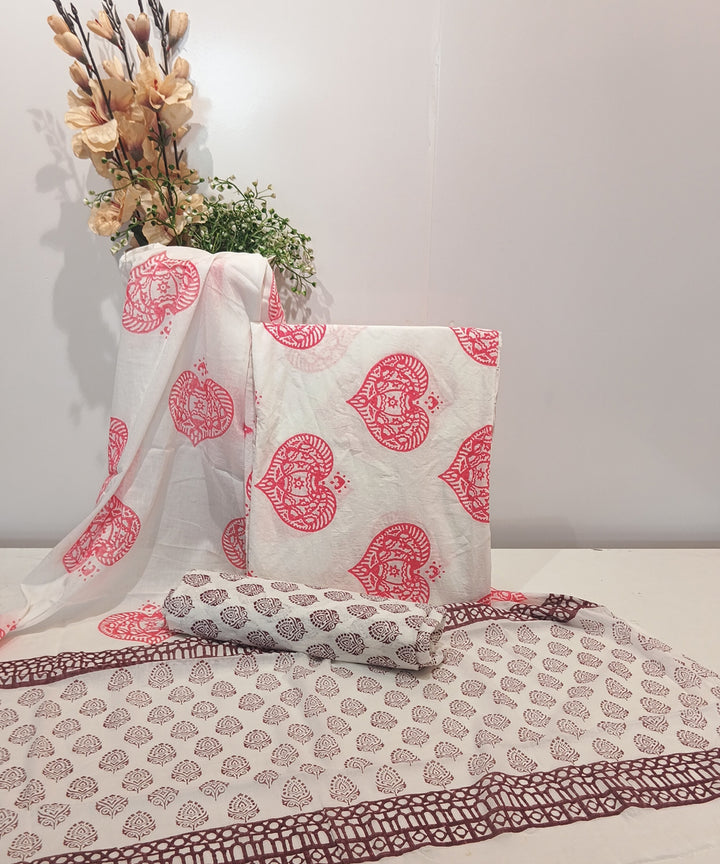 Pink maroon white hand block printed cotton dress material
