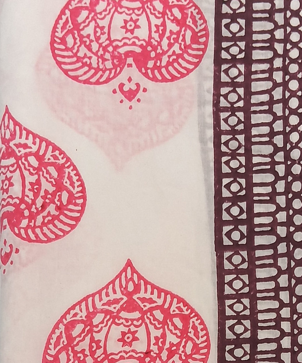Pink maroon white hand block printed cotton dress material