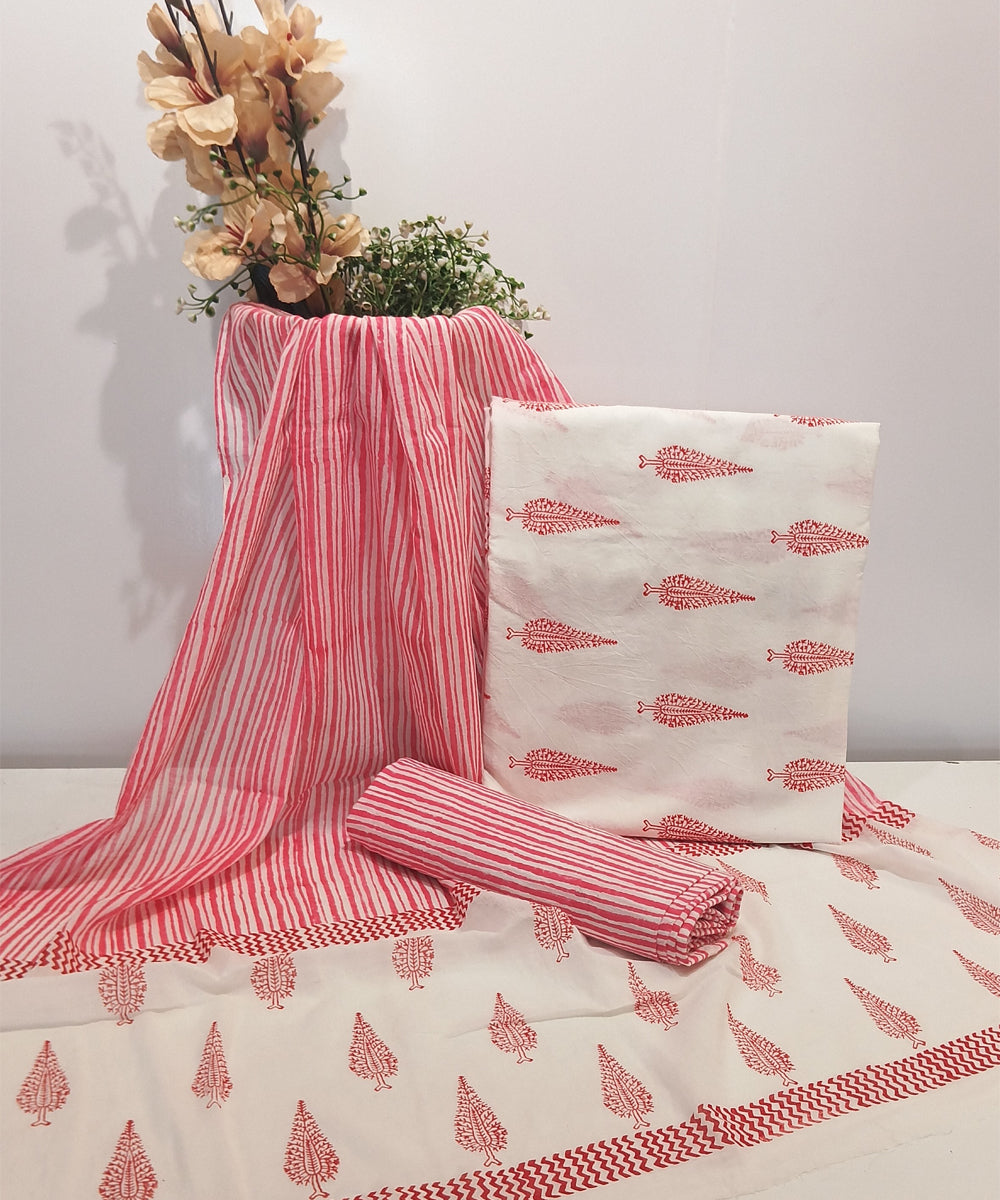 Pink white cotton hand block print dress material