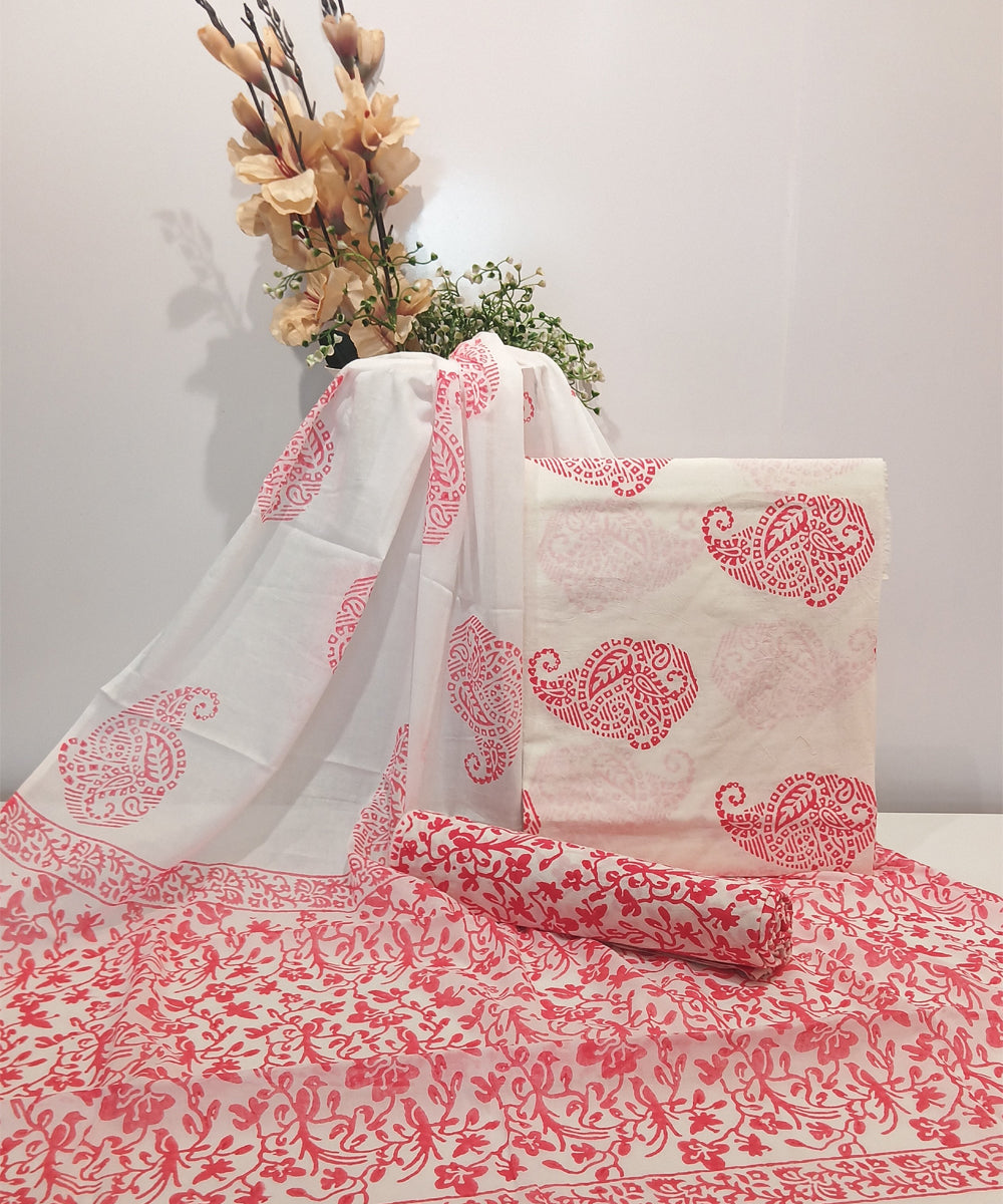 Pink white hand block print cotton dress material