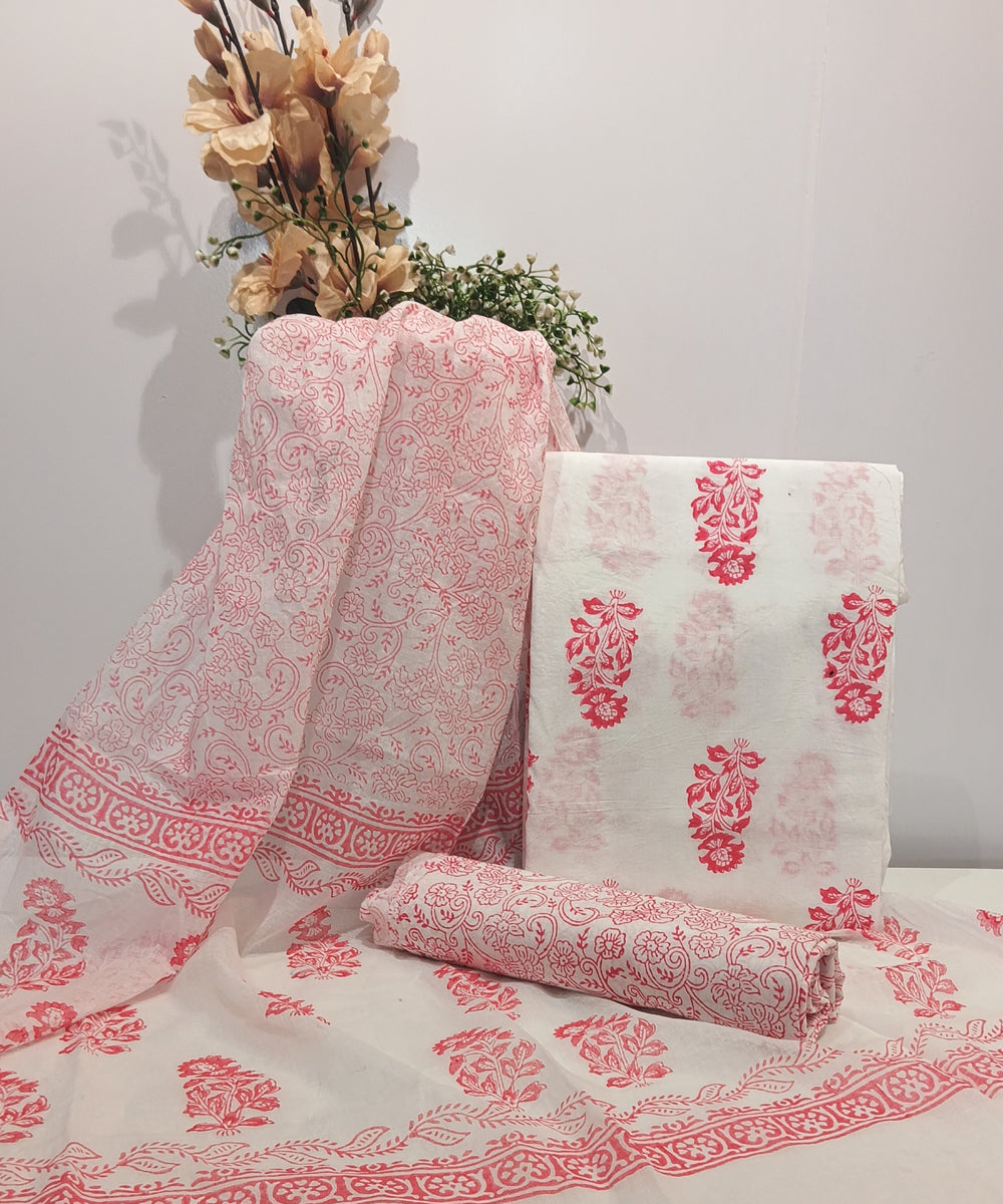 Pink offwhite hand block printed cotton dress material