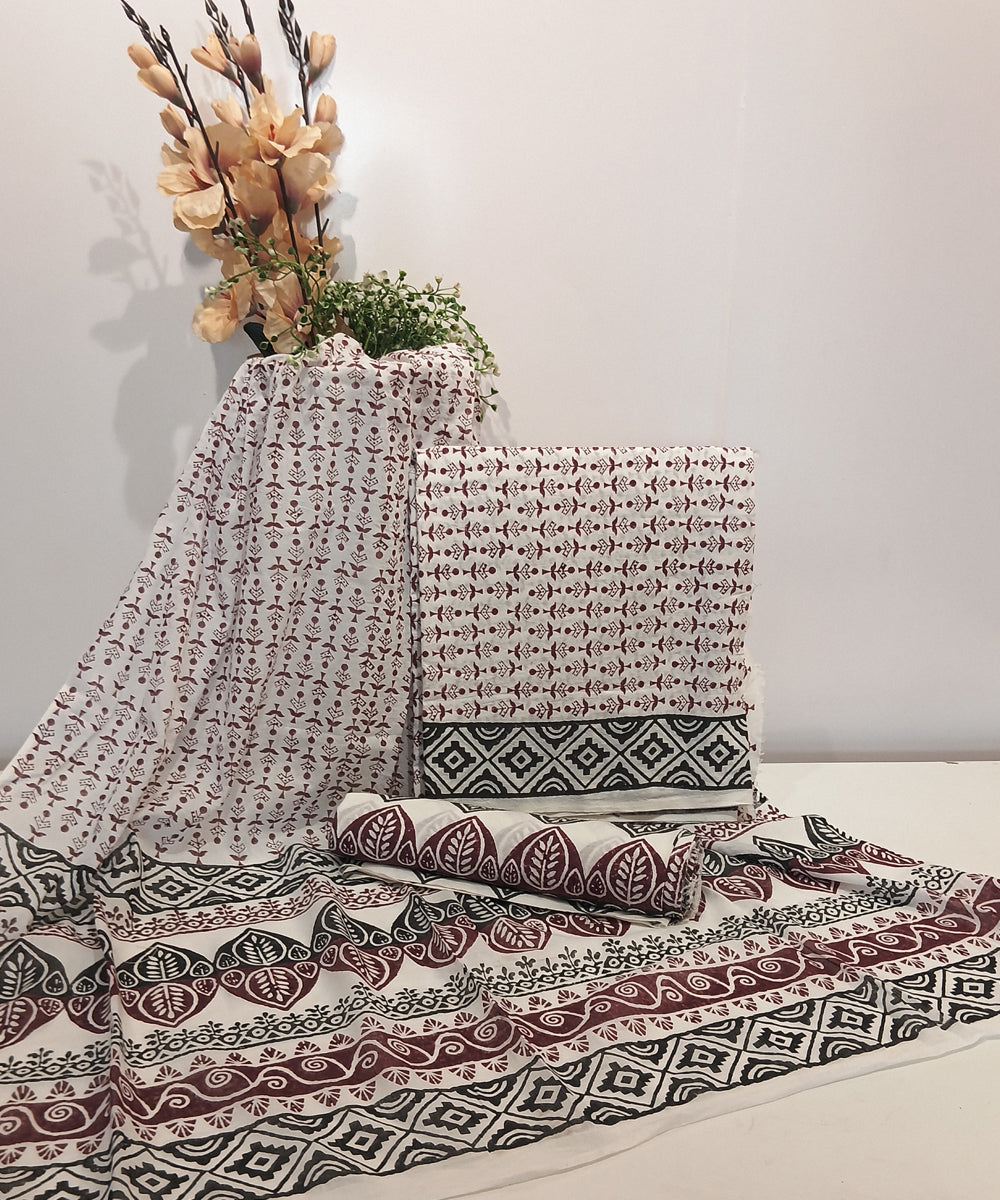 Maroon grey hand block printed cotton dress material