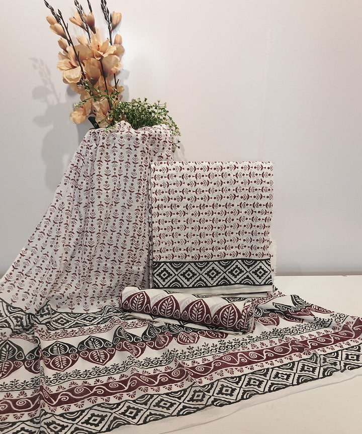 Maroon grey hand block printed cotton dress material
