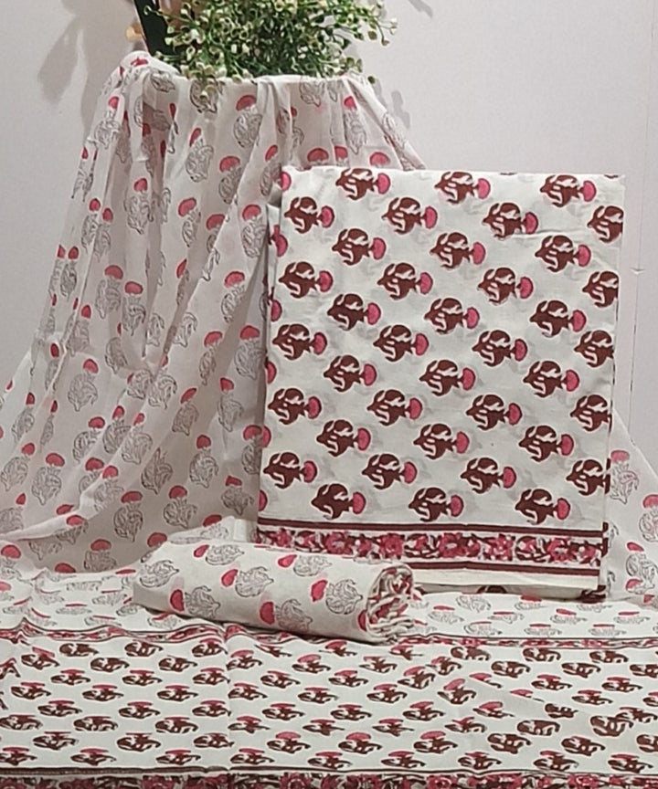 White brown hand block printed cotton dress material