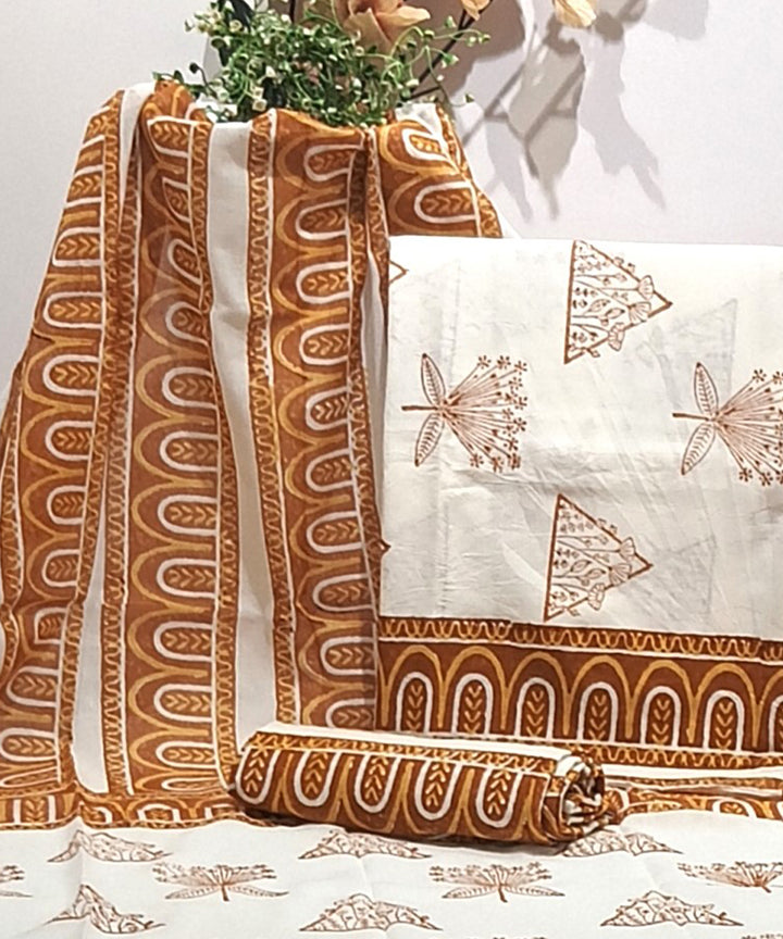Mustard white cotton hand block printed dress material