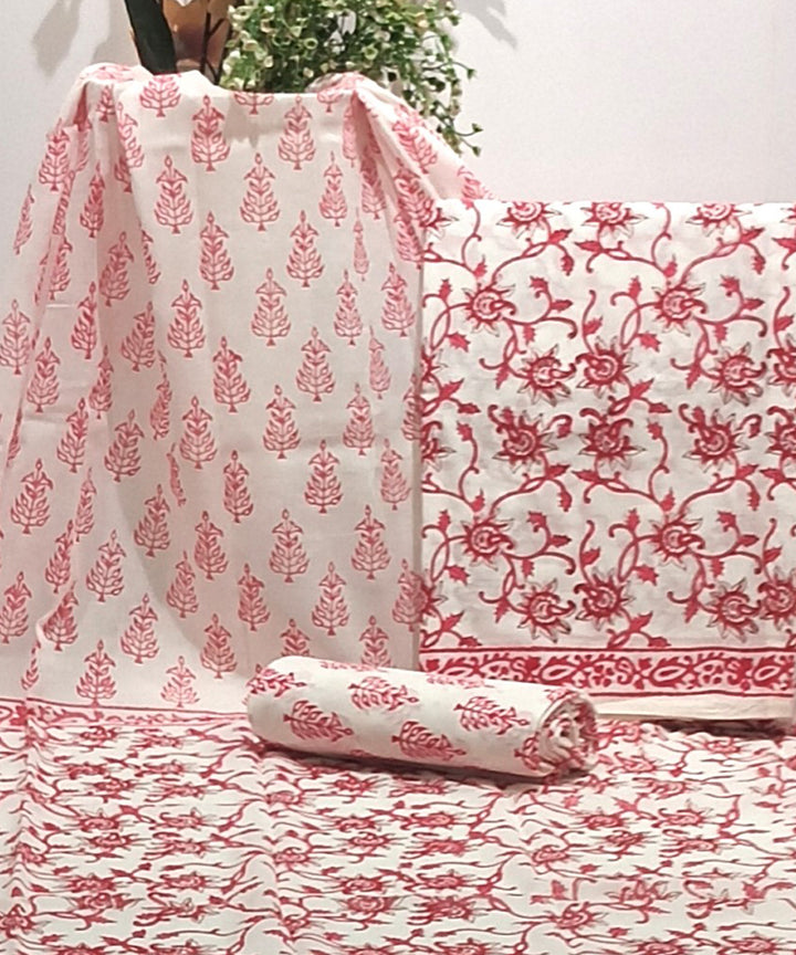 Pink white cotton hand-block print dress material