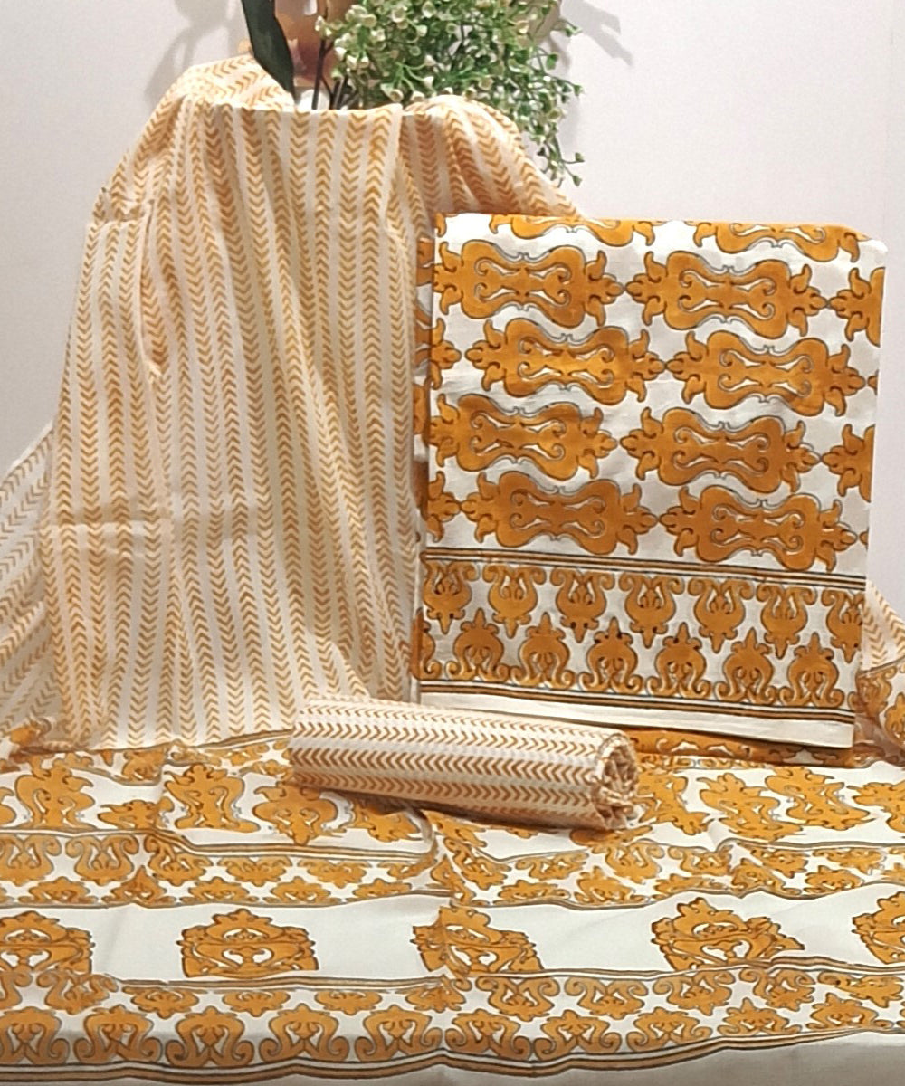 Mustard white hand block print cotton dress material