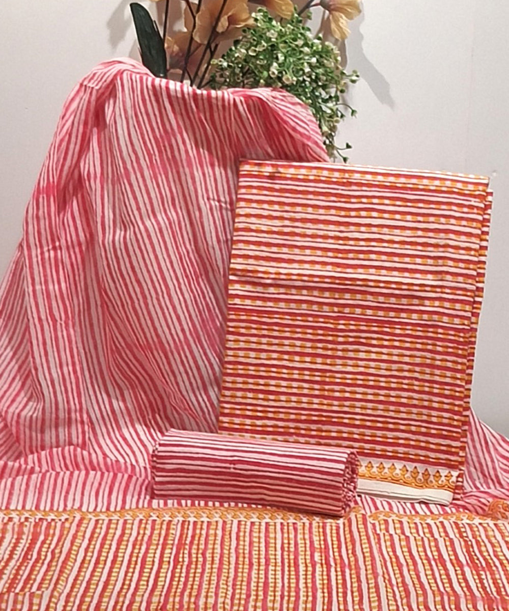 Pink yellow white hand block printed cotton dress material