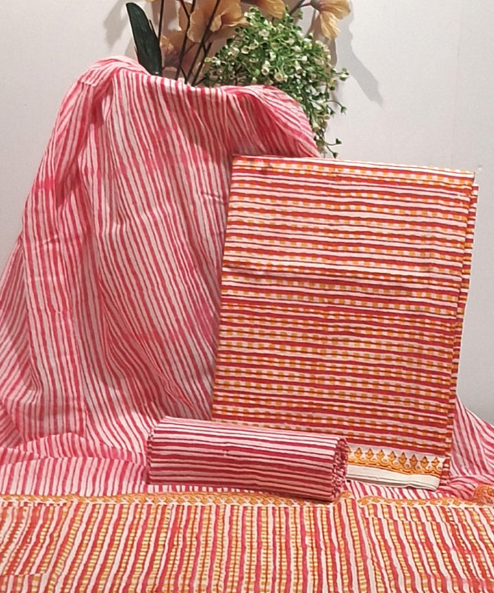 Pink yellow white hand block printed cotton dress material