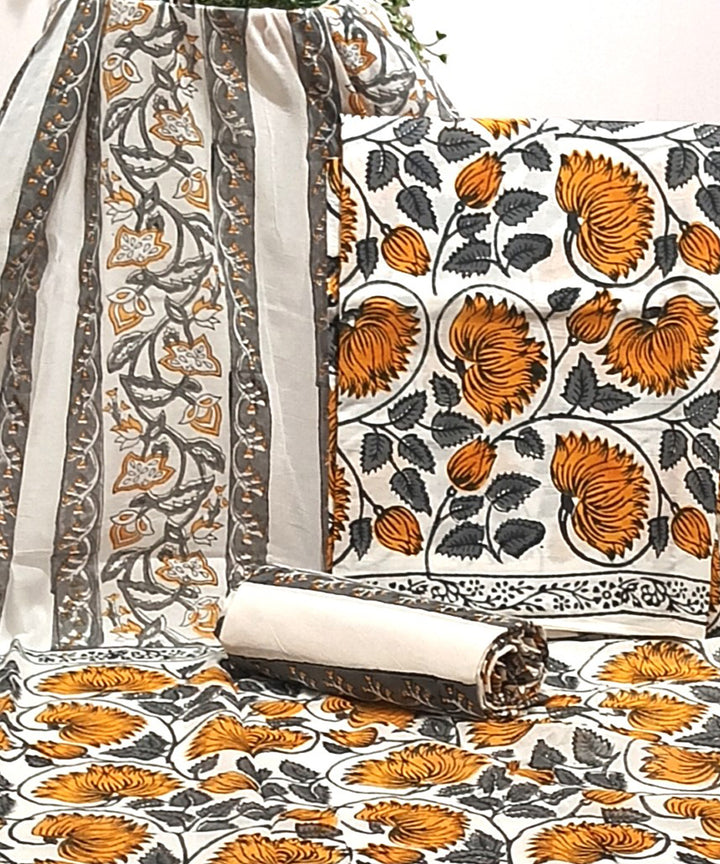 Orange grey hand block printed cotton dress material