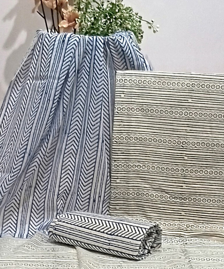 Sky blue grey cotton hand block printed dress material