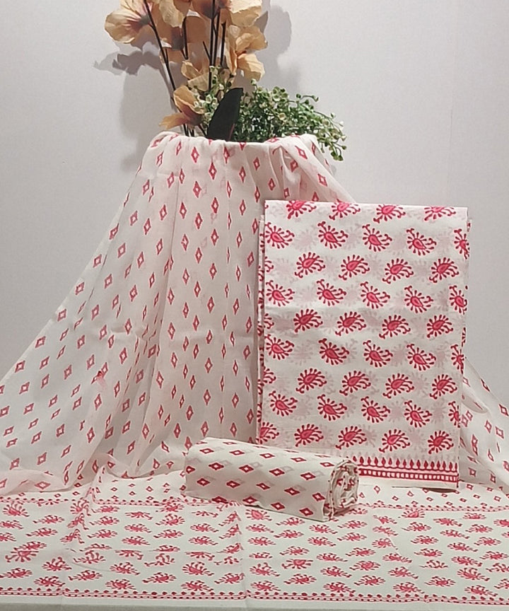 Pink white cotton hand block-print dress material
