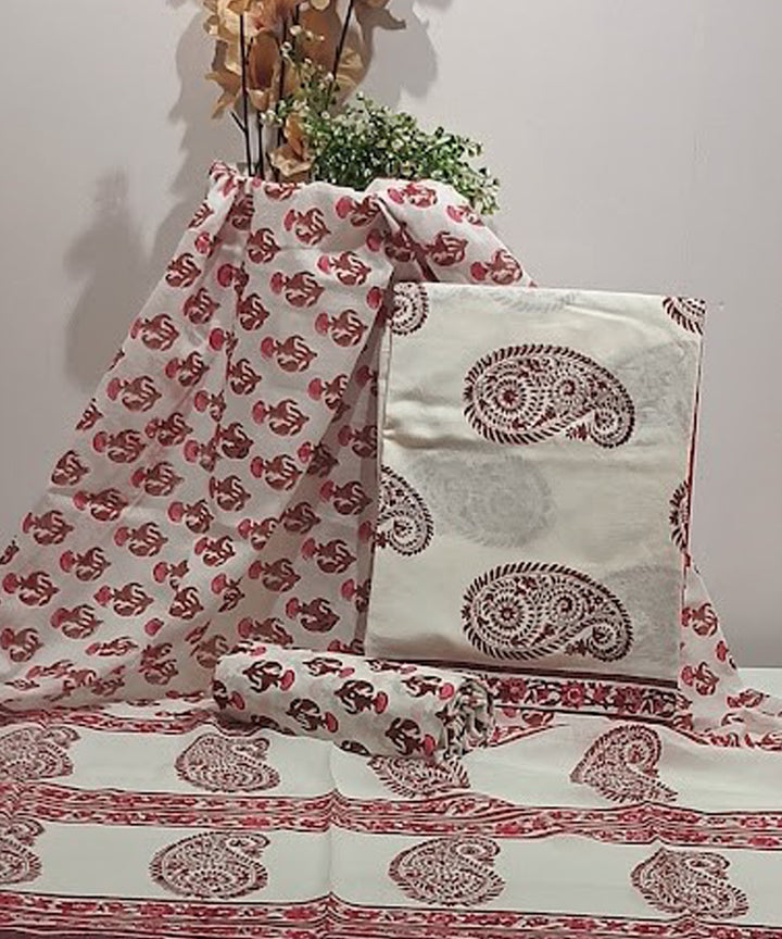 Cotton red white hand block printed dress material