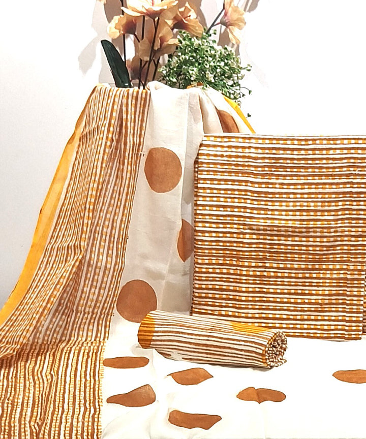 Mustard white hand block printed cotton dress material