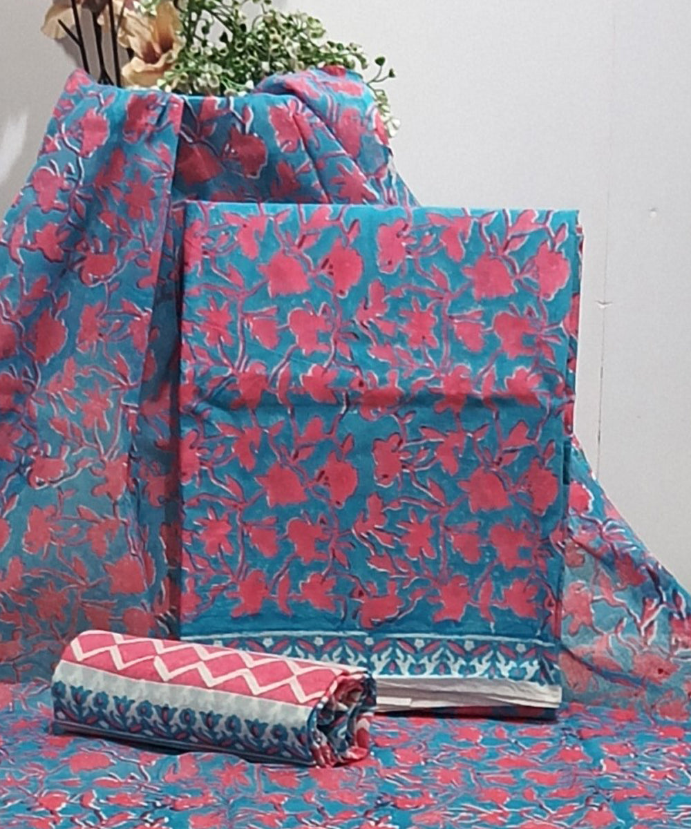 Turquoise red cotton hand block printed dress material