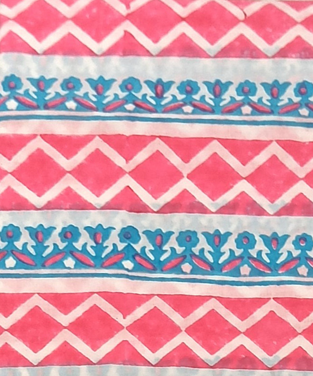 Turquoise red cotton hand block printed dress material