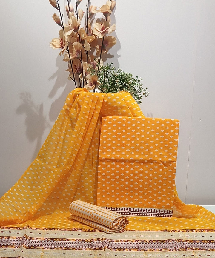 Cotton yellow grey hand block printed dress material
