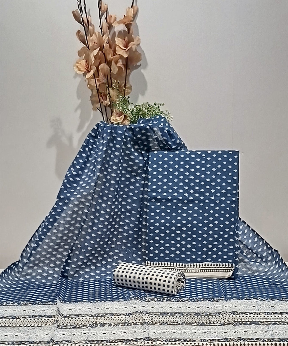 Indigo grey hand block printed cotton dress material