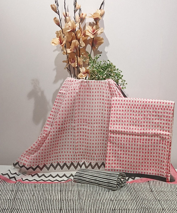 Pink grey cotton hand block printed dress material