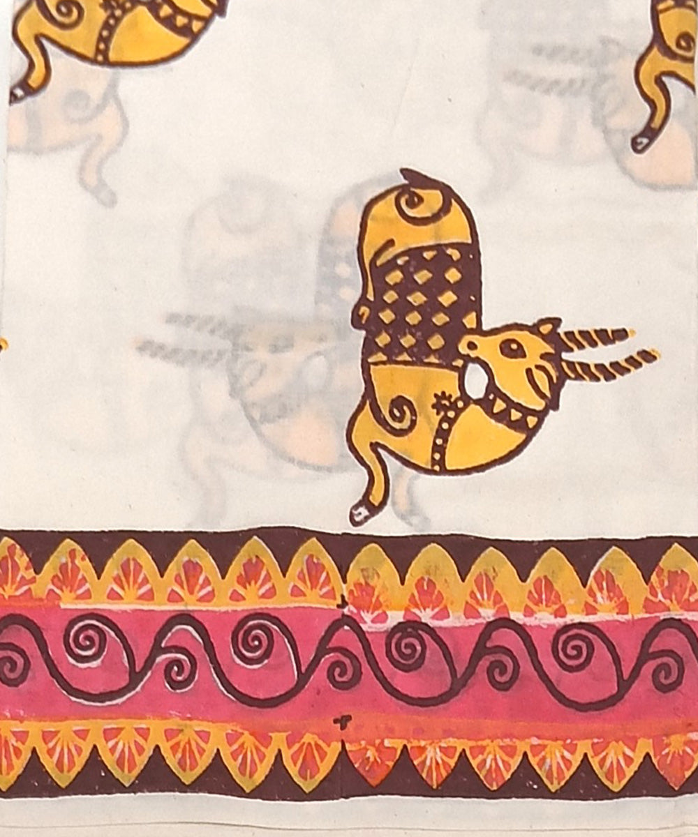 Yellow purple white hand block printed cotton dress material