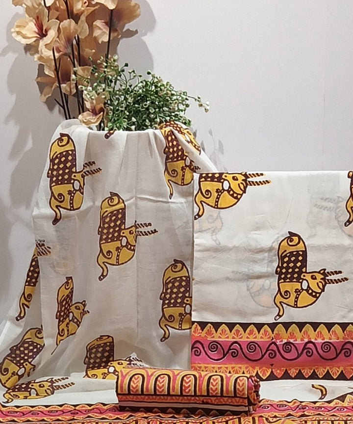 Yellow purple white hand block printed cotton dress material
