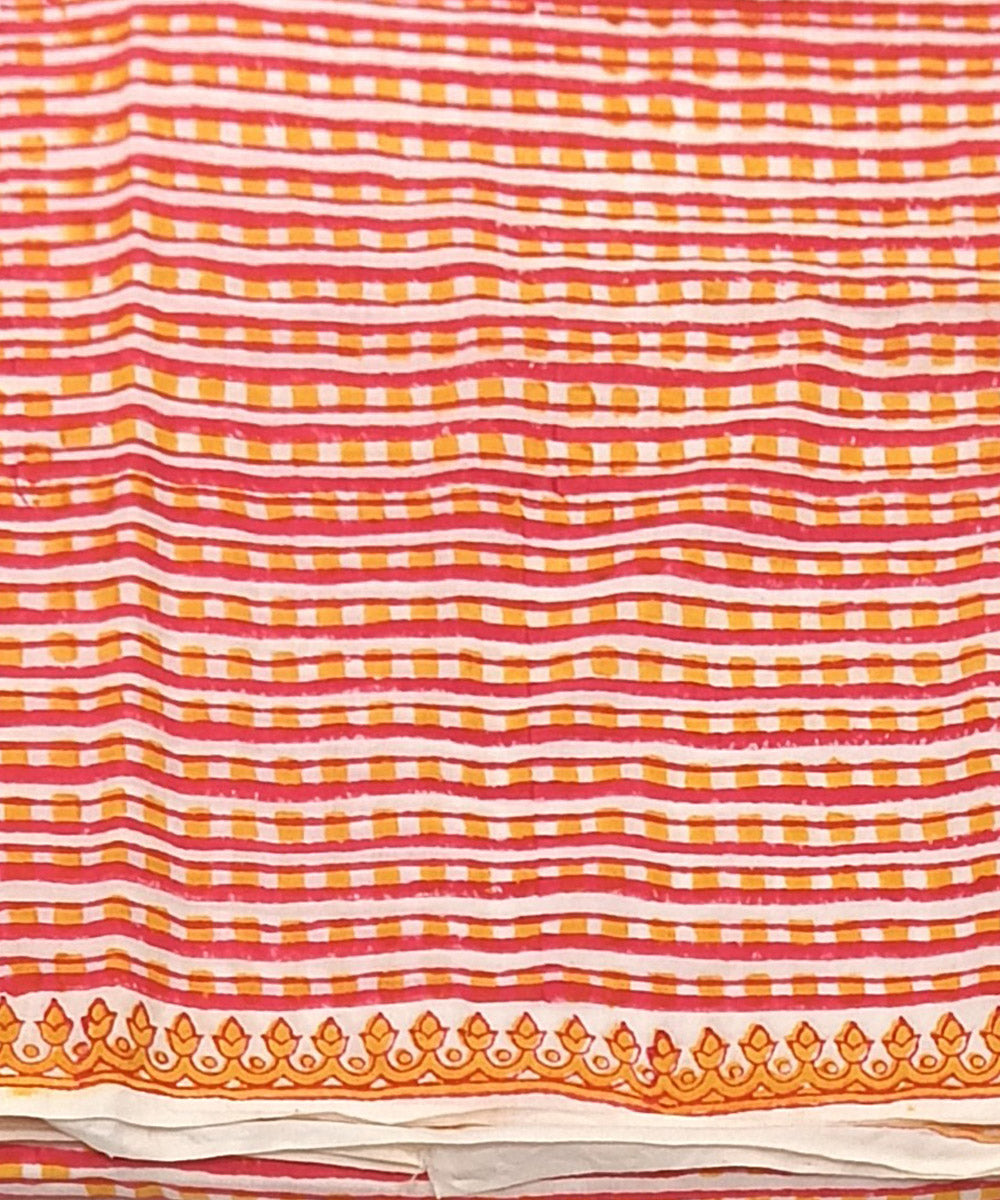 Pink white yellow hand block printed cotton dress material
