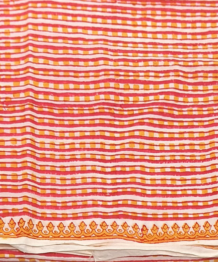 Pink white yellow hand block printed cotton dress material