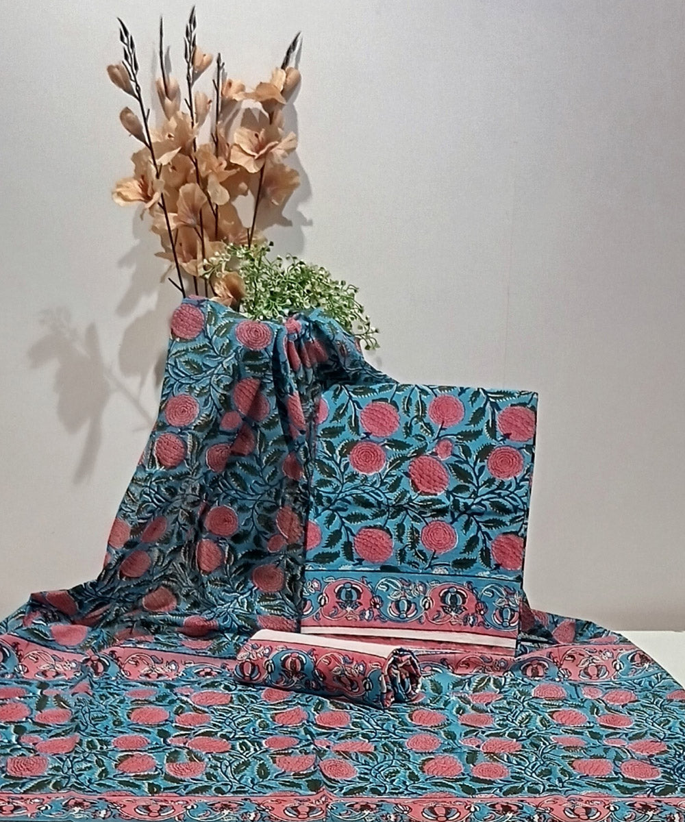 Turquoise red hand block printed cotton dress material