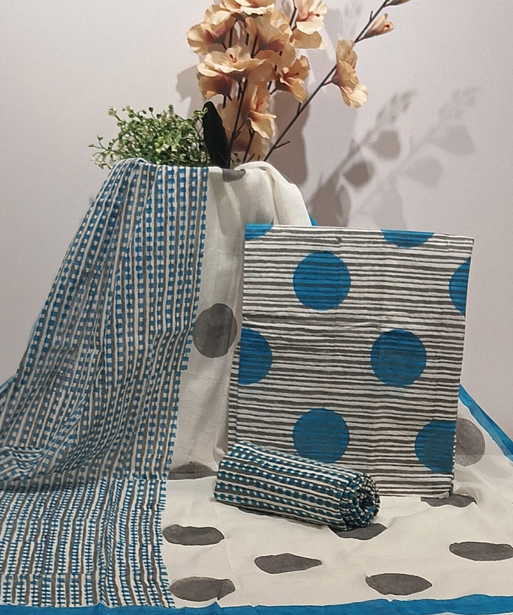 Sky blue grey hand block printed cotton dress material
