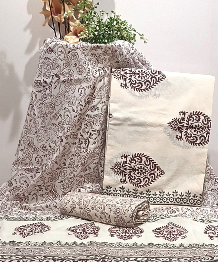 Maroon white cotton hand block printed dress material